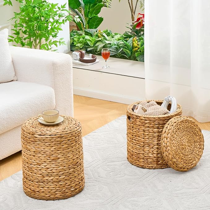 Wimarsbon Round Pouf Ottomans, Handwoven Natural Water Hyacinth Seagrass Pouffe - Image 8