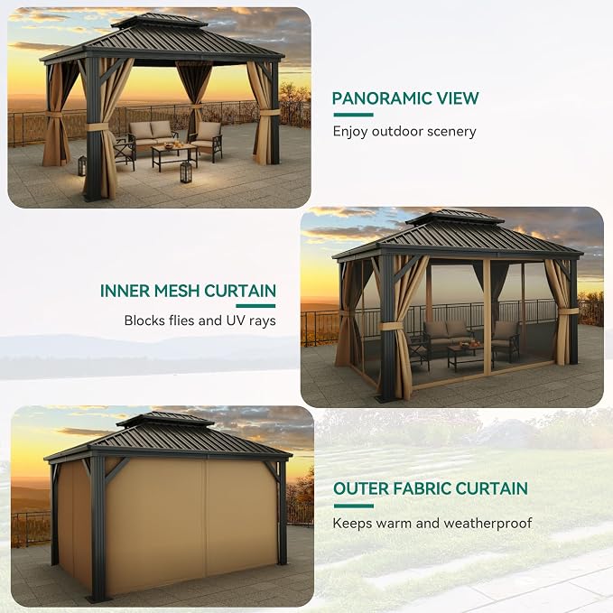 YITAHOME 10x12ft Gazebo Hardtop Double Roof Canopy w/Netting and Curtains - Image 6