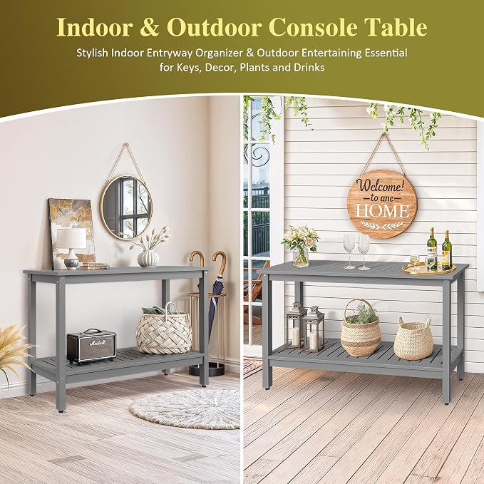 SUPER DEAL 48 inch Outdoor Console Table, 2-Tier Solid Wood Side Table - Image 6