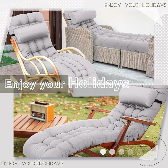Tudomro 2 Pcs Light Gray 66'' Outdoor Chaise Lounge Cushion Waterproof Patio - Image 6