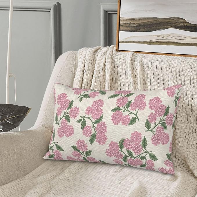 Preppy Pink Pillow Covers 12x20 Inch 2 Pcs Green Hydrangea Flower Decor Throw - Image 4