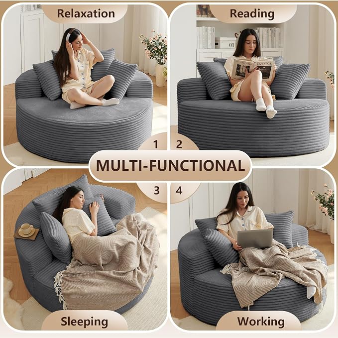 Oversized Round Chair Lounge Chaise Indoor, Upholstered Corduroy Deep Seat - Image 8