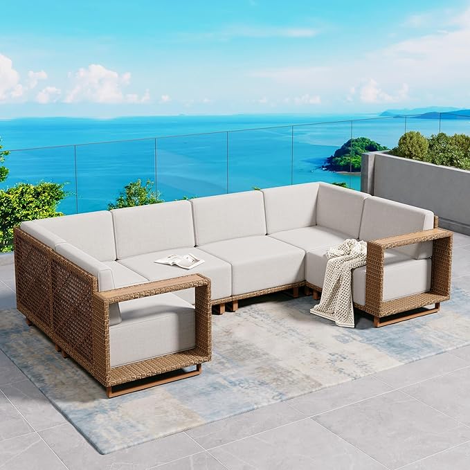 6 Pieces Patio Furniture Set, Outdoor Rattan Wicker Sectional Sofa by SUNSHINEVALLEY
