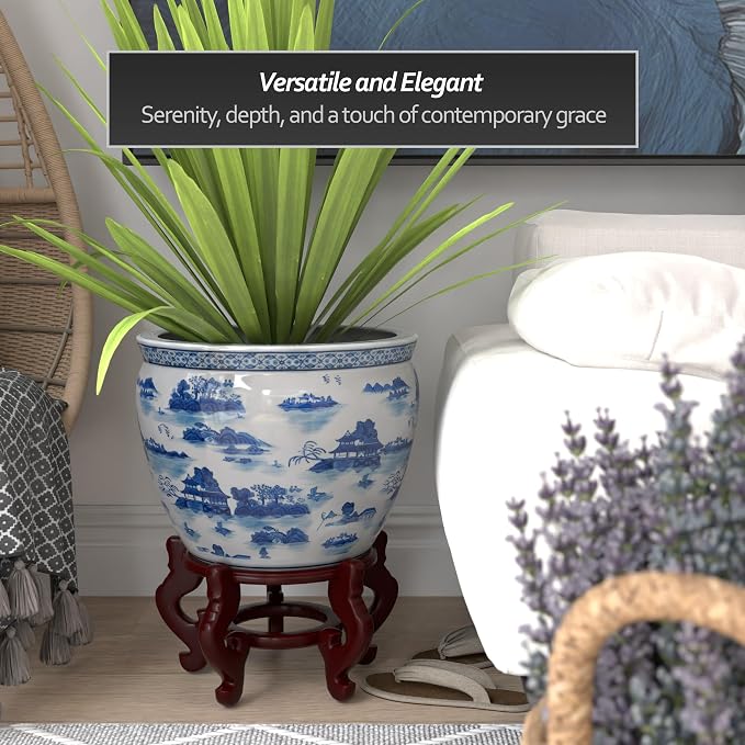 Red Lantern 16" Landscape Blue & White Porcelain Fishbowl Planter or Cachepot - Image 3