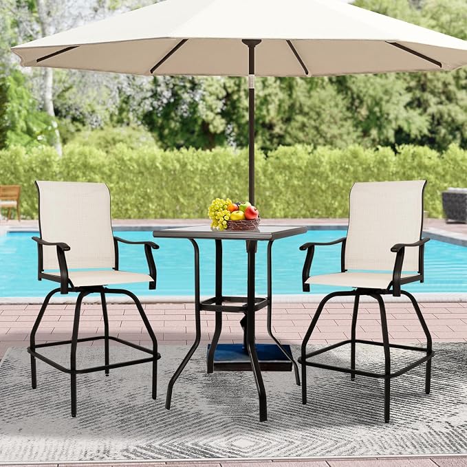 LEVELEVE Patio Bar Set 3pcs Swivel Bar Stools Outdoor Bistro Textilene - Image 2