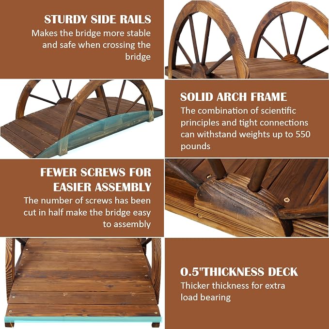 5 FT & 3.3 FT Wooden Garden Bridge, Stained Wood Arc Footbridge - Image 6