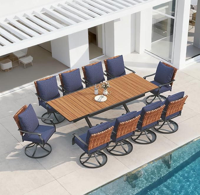 Grand patio 11-Piece Outdoor Dining Set, 10 Leather-Look Wicker Blue Swivel by GrandPatio