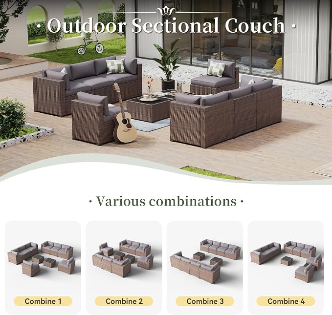 Aoxun 10 Piece Patio Furniture Set Wicker Rattan Patio Conversation Set Outdoor - Image 5
