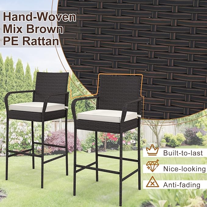 COSTWAY Wicker Bar Stools Set of 4, Patio Bar Height Chairs - Image 4
