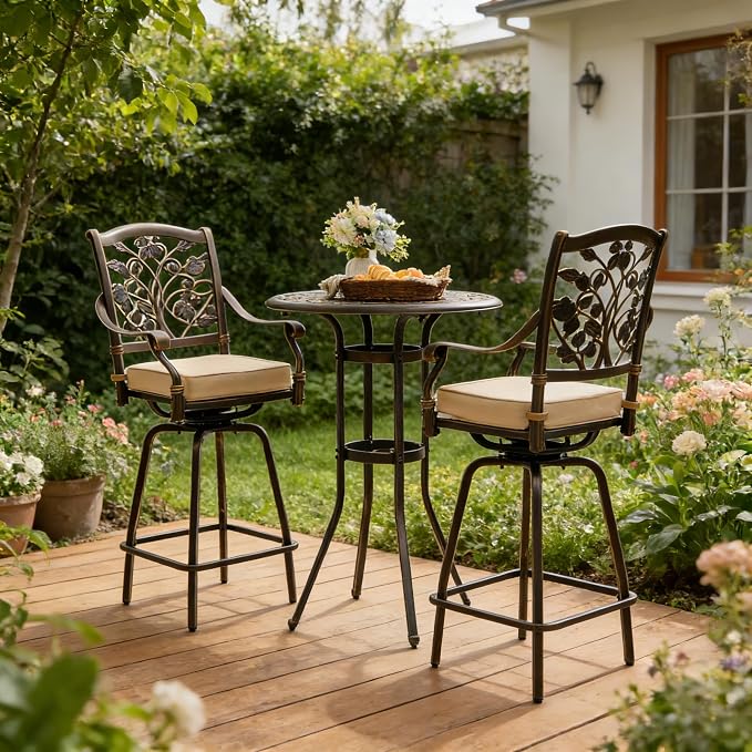 3 Piece Swivel Outdoor Table and Chairs Bar Set, All-Weather Cast Aluminum - Image 6