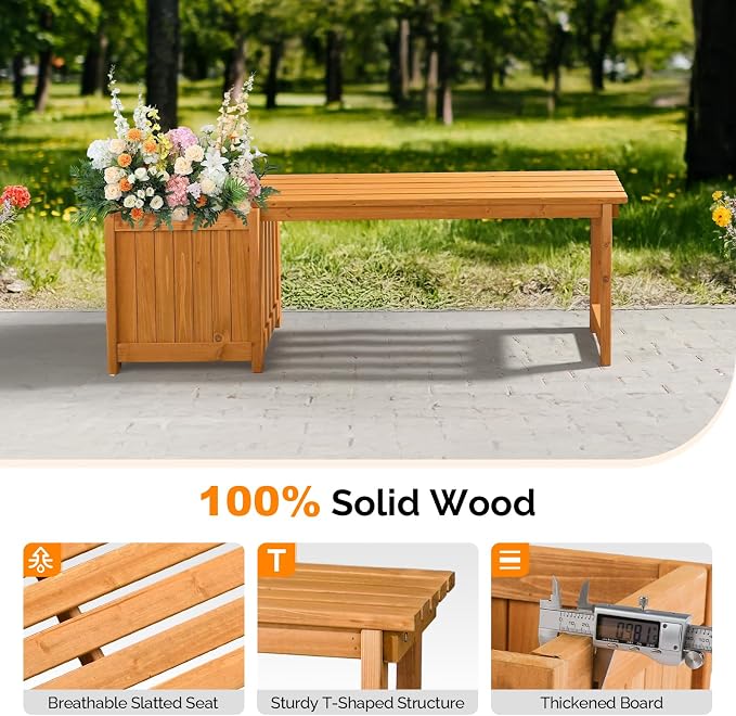 VINGLI Outdoor Wood Bench with Planter Boxes, 2-in-1 All-Weather Porch Bench - Image 4