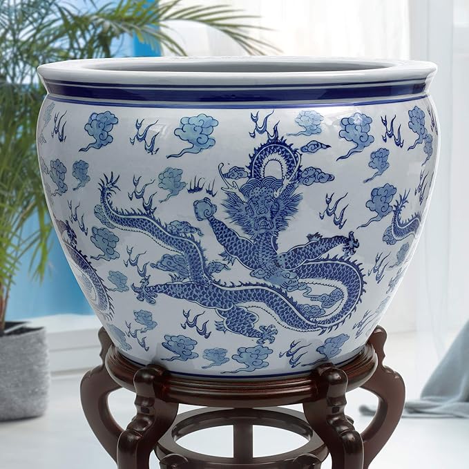 Red Lantern 14" Dragon Blue & White Porcelain Fishbowl Planter or Cachepot - Image 8