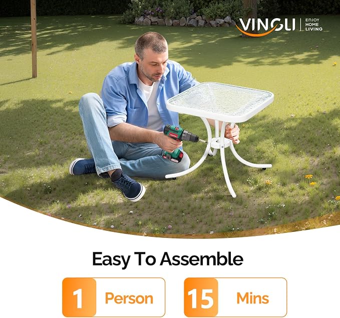 VINGLI Outdoor Side Table, 18in Patio Table Steel Frame Tempered Glass Top - Image 7
