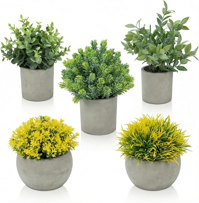 Fake Plants, 5 Pack Artificial Eucalyptus & Greenery in Cement Pots by Unknown