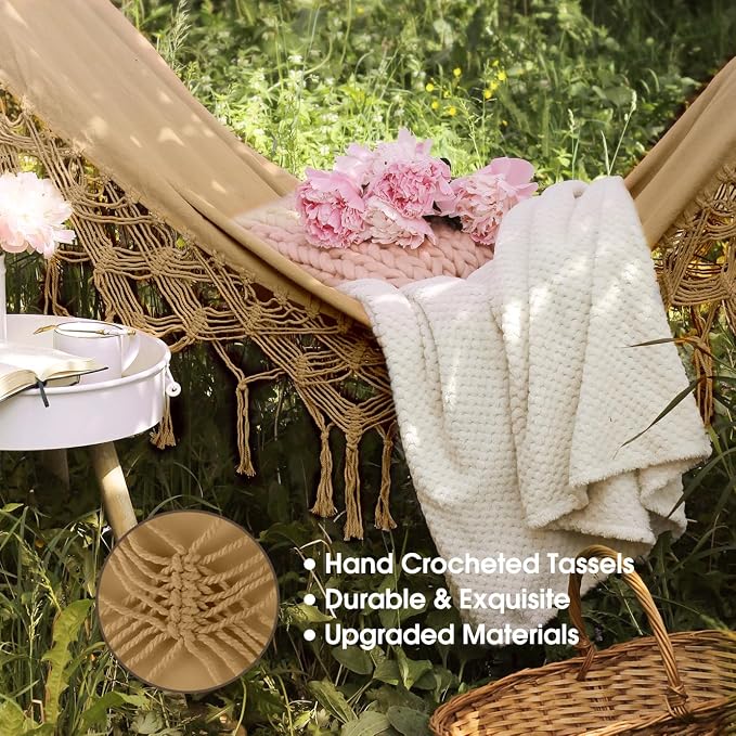 MOSFiATA Backyard Hammock with Tassels Max 500lbs Canvas Fabric Bohemian Style - Image 3
