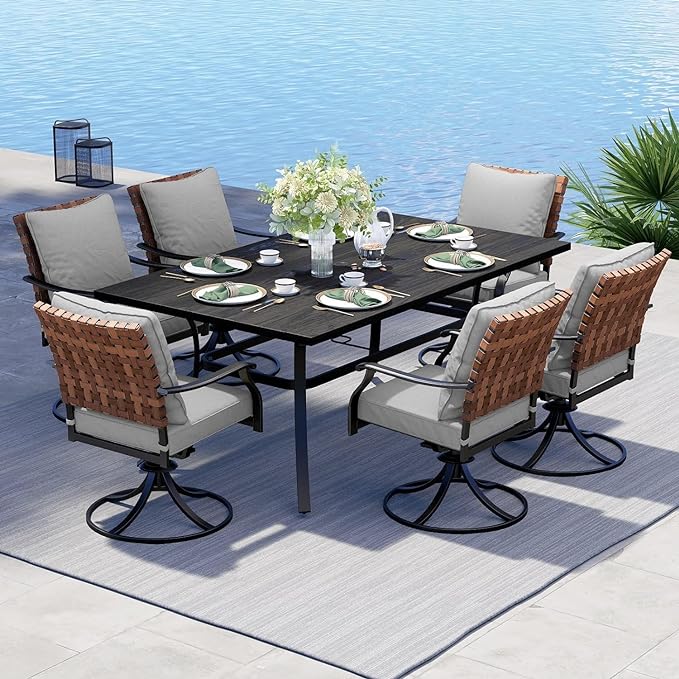 Grand patio 7-Piece Outdoor Dining Set, 6 Leather-Look Wicker Swivel Patio by GrandPatio