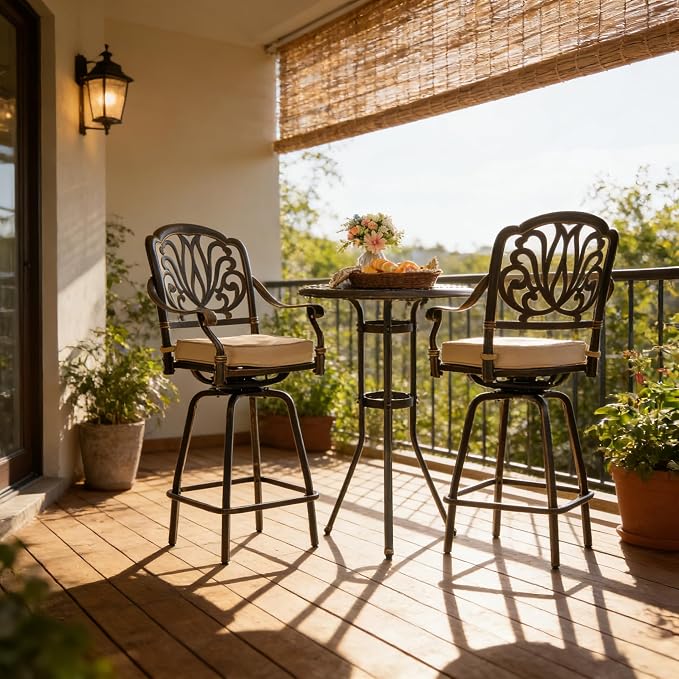 3 Piece Swivel Outdoor Table and Chairs Bar Set, All-Weather Cast Aluminum - Image 6