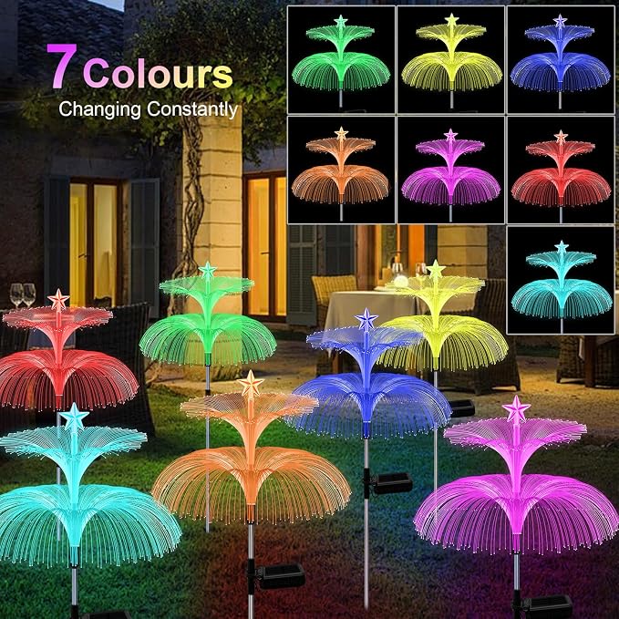 Solar Garden Lights, 6 Pack Solar Star Jellyfish Lights 7 Color Changing Fiber - Image 3