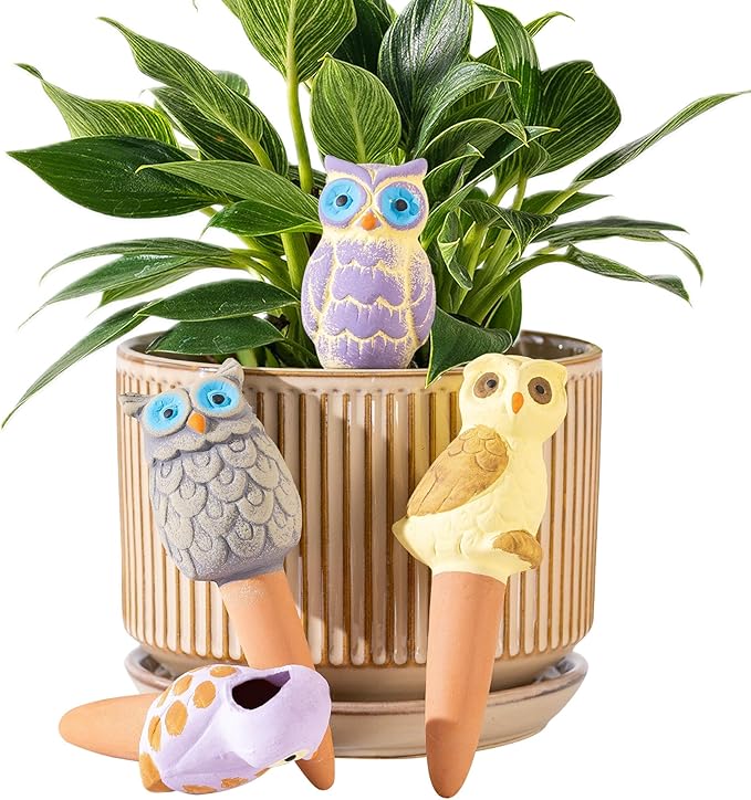 4 Pack Handmade Terracotta Owl Watering Spikes and Globes, Self-Watering Plant by SUREYUESI