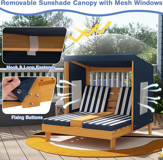 Costzon Kids Lounge Chair Outdoor, Wood Double Seat Chaise Lounge - Image 2