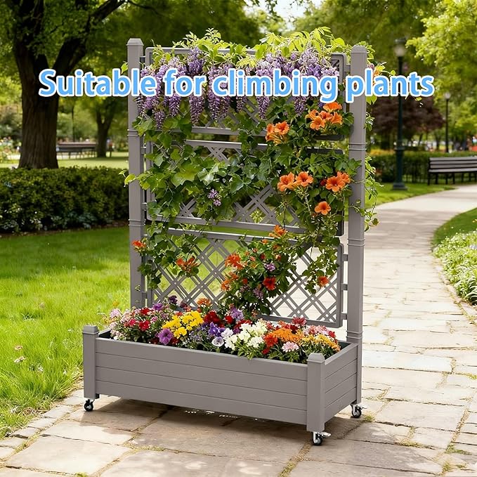 Mobile Garden Planter with Trellis & Lockable Wheels, Outdoor Raised Bed with - Image 9