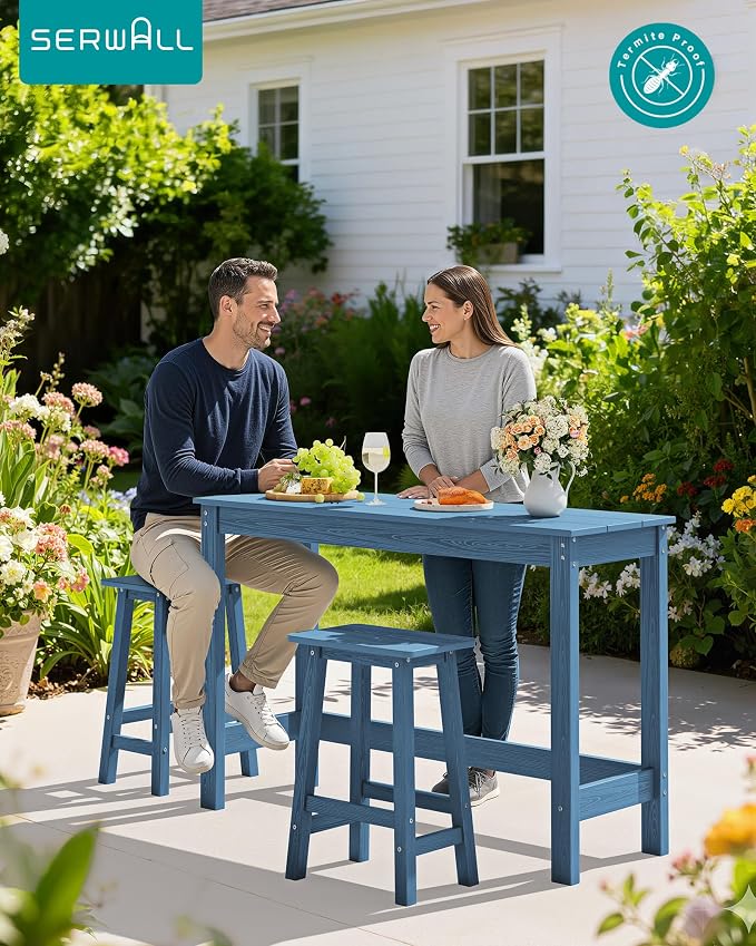SERWALL 3-Piece Outdoor Bar Set, Rectangular All Weather HDPE Bar Height Patio - Image 3