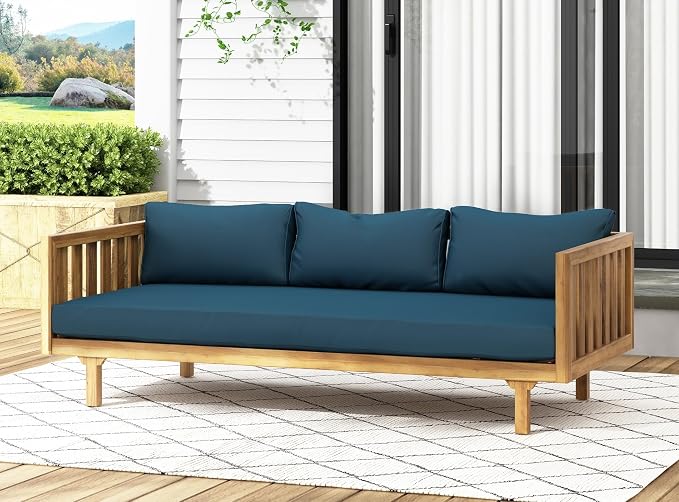 Merax Outdoor 3 Seater Daybed, Acacia Wood Day Bed Couch Sofa - Image 8