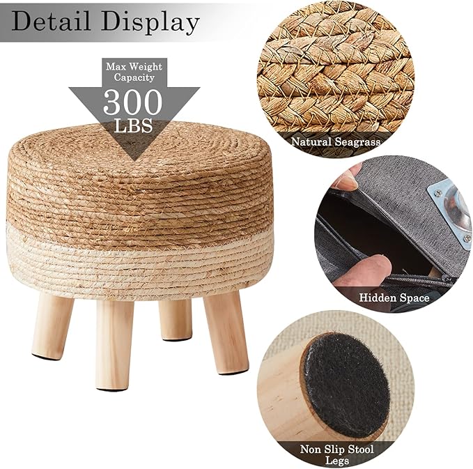 Cpintltr Foot Stool Natural Seagrass Hand Weave Poufs Round Ottoman - Image 5