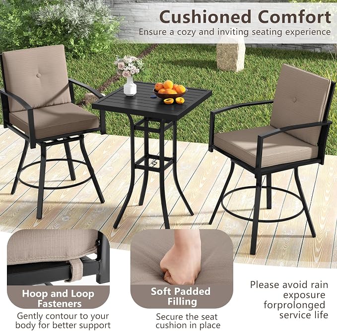 Tangkula 3 Pieces Patio Swivel Bar Set, Outdoor Metal Bar Table and Chairs Set - Image 8