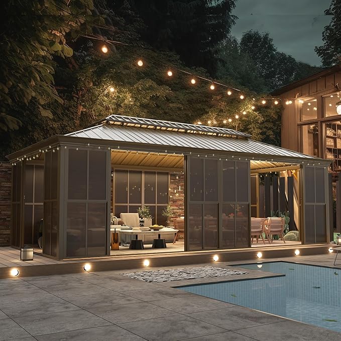EROMMY 12' X 20' Hardtop Sunroom, Galvanized Steel Double Roof Gazebo Solarium by EROMMY