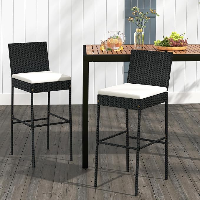 Tangkula Set of 2 Patio Wicker Barstools, Outdoor Bar Height Chair w/Soft Seat - Image 2