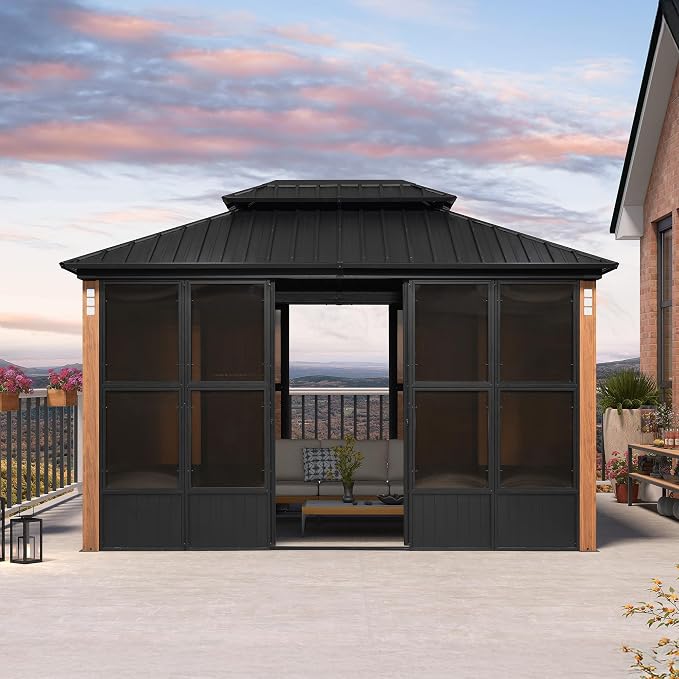 PURPLE LEAF 10' X 13' Patio Hardtop Gazebo Double Top Galvanized Steel Screen by PURPLELEAF