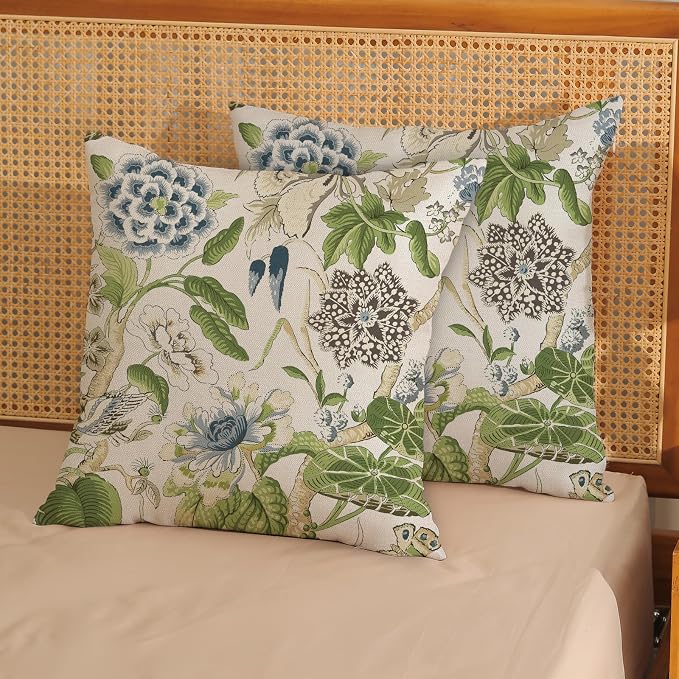 Sage Green Boho Pillow Covers 20x20 Inch 2 Pcs Blue Green Vintage Floral Bird - Image 2