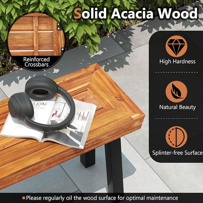COSTWAY Set of 2 Outdoor Acacia Wood Benches, 2-3 People Backless Garden Benches - Image 5