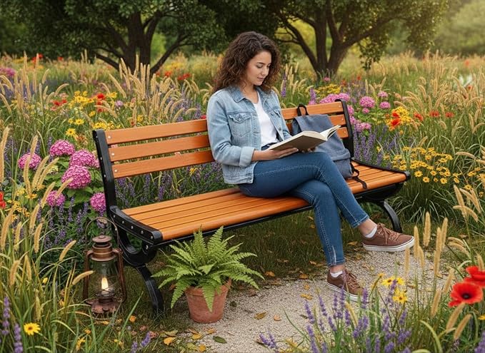 Outdoor Benches Cast Aluminum Preservative Wood 67IN Patio Garden Bench Perfect - Image 4