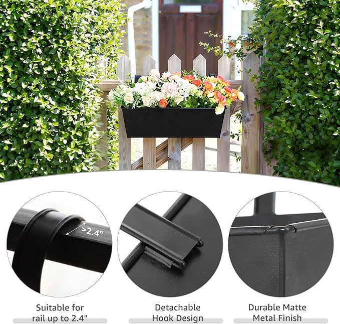 3 Pack Metal Railing Planters, 16 Inch Large Rectangular Hanging Flower Pots - Image 3