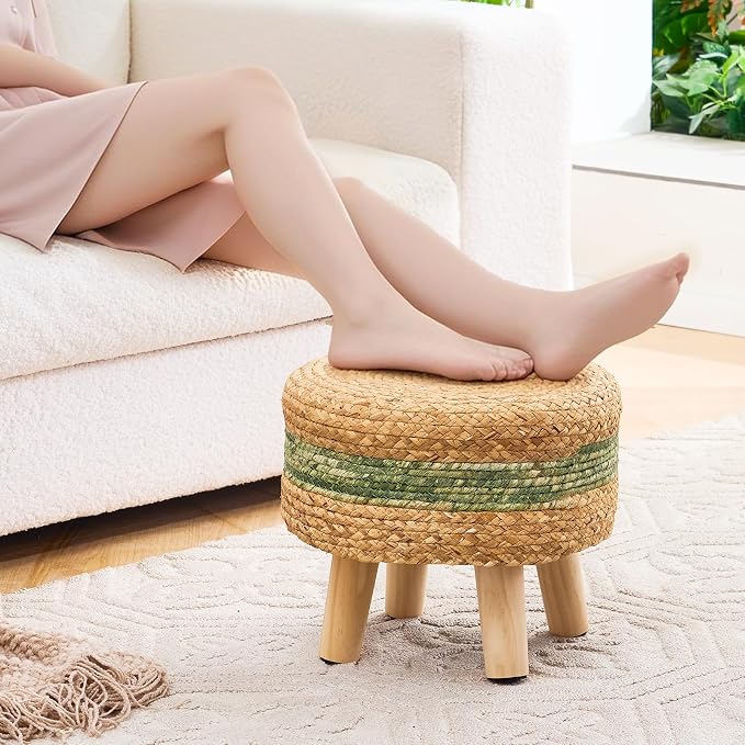Handwoven Round Ottoman, Natural Water Hyacinth Outdoor Patio Pouf Seagrass Low - Image 4