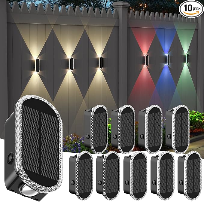10 Pack Solar Fence Lights-RGBW Solar Powered Fence Wall Lights Waterproof by Herzila