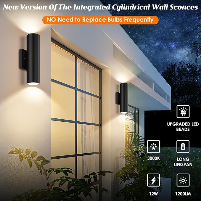 GoBright Outdoor Wall Lights, 12W 3000K Integrated LED Cylinder Up Down Lights - Image 3