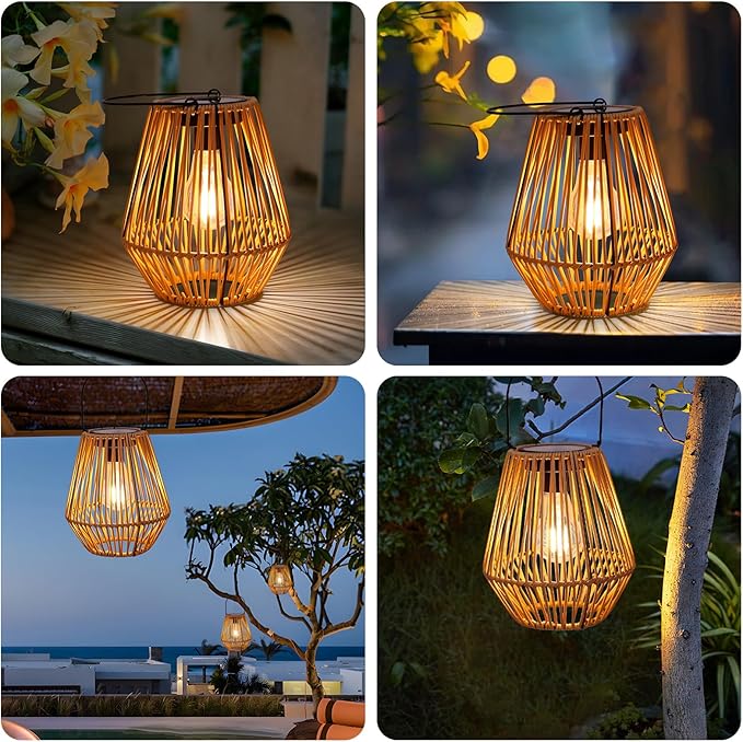 Solar Lantern, 2 Pack Solar Wicker Lanterns Outdoor Waterproof Boho Lights - Image 3