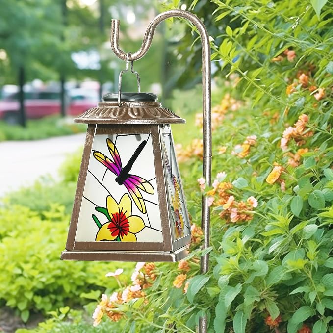 Dragonfly Solar Lantern with Shepherd Hook, Outdoor Hanging Metal LED Garden by anyperfect