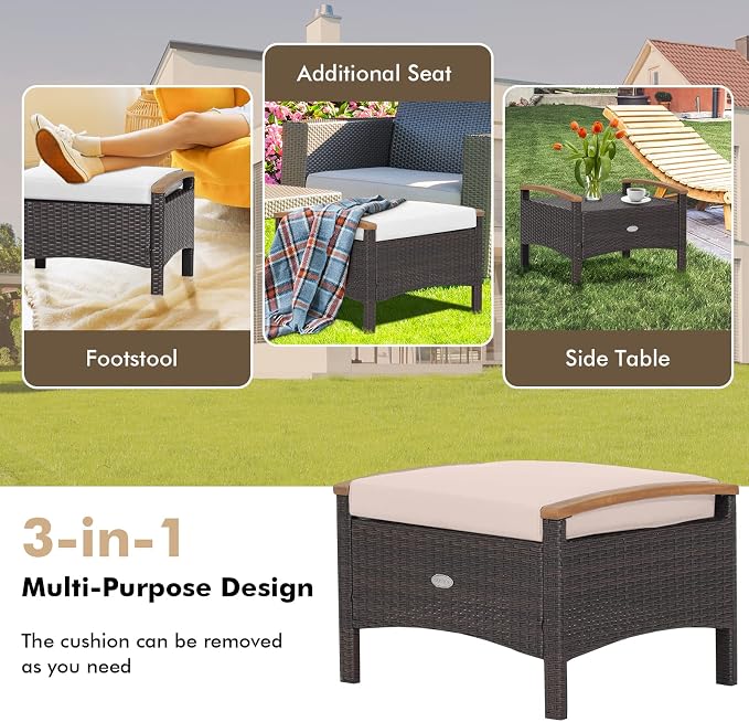 ORALNER Outdoor Ottoman, All-Weather Wicker Foot Stools w/Removable Cushions - Image 5