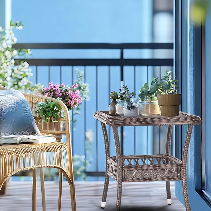Outdoor Side Table Patio Wicker Coffee Table Outdoor End Table Rattan Bistro - Image 3