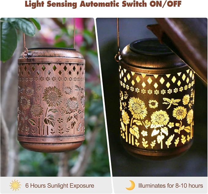 Kaixoxin 2 Pack Solar Garden Decor Metal Lantern Sunflower Table Lamp Bronze - Image 7