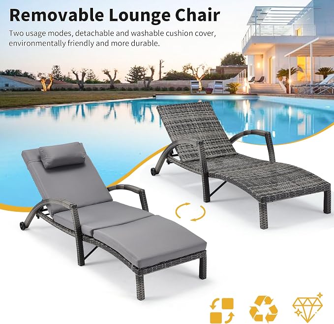 HOMREST Chaise Lounge Chairs Set of 2, PE Rattan Wicker Patio Lounge Chair - Image 8