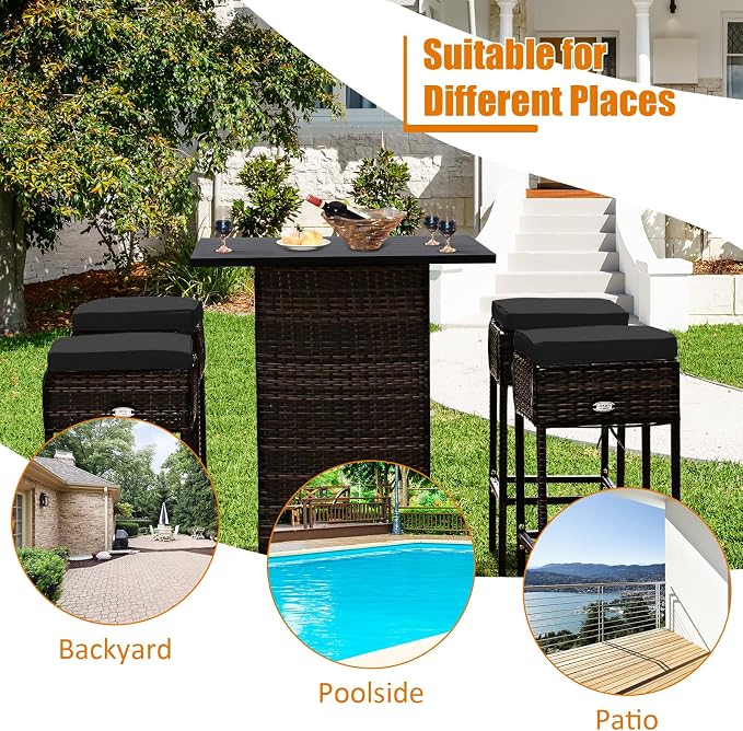 HAPPYGRILL 5 Pieces Rattan Bar Set, Outdoor Wicker Bar Table and 4 Bar Stools - Image 7