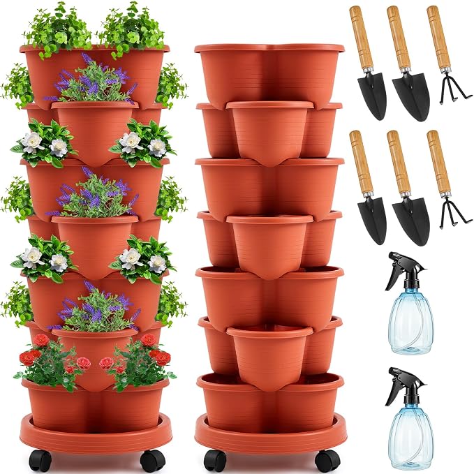 Umigy 2 Set Clay Red 7 Tier Stackable Vertical Planters by Umigy
