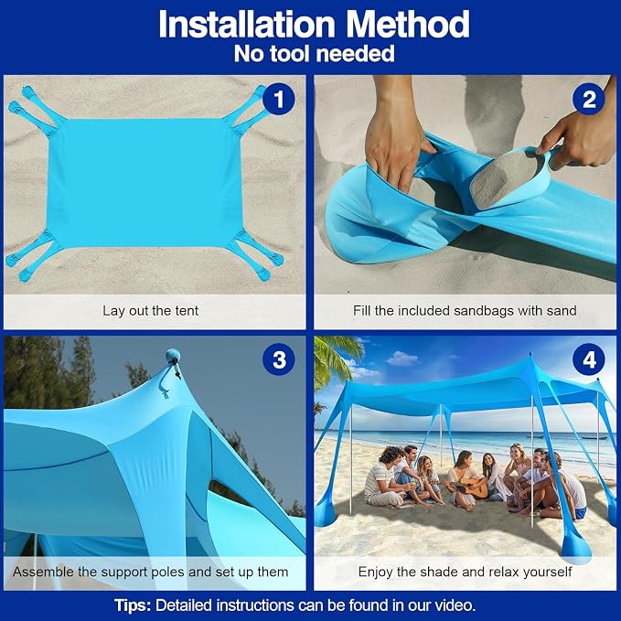 Rhino Valley Beach Tent Shade Canopy UPF50+ Protection, 8 Sandbags, 4 Stability - Image 5