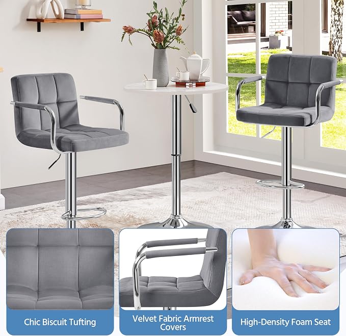Yaheetech Counter Height Bar Stools Set of 2 Velvet Swivel BarStools - Image 9