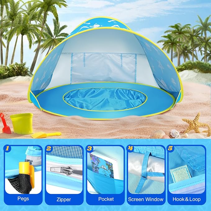 Monobeach Baby Beach Tent Ocean Pop Up Portable Shade Pool UPF50+ UV Protection - Image 5